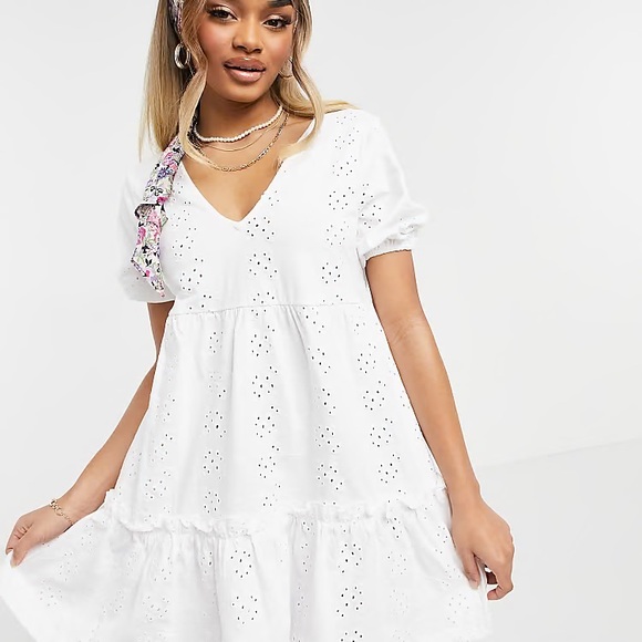 ASOS Design Curve eyelet v-neck smock dress with puff sleeves in white - size 12 - Picture 4 of 4